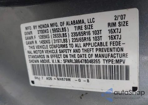 2007 Honda Odyssey Ex-L z USA, uszkodzony, nr VIN 5FNRL38647B048265
